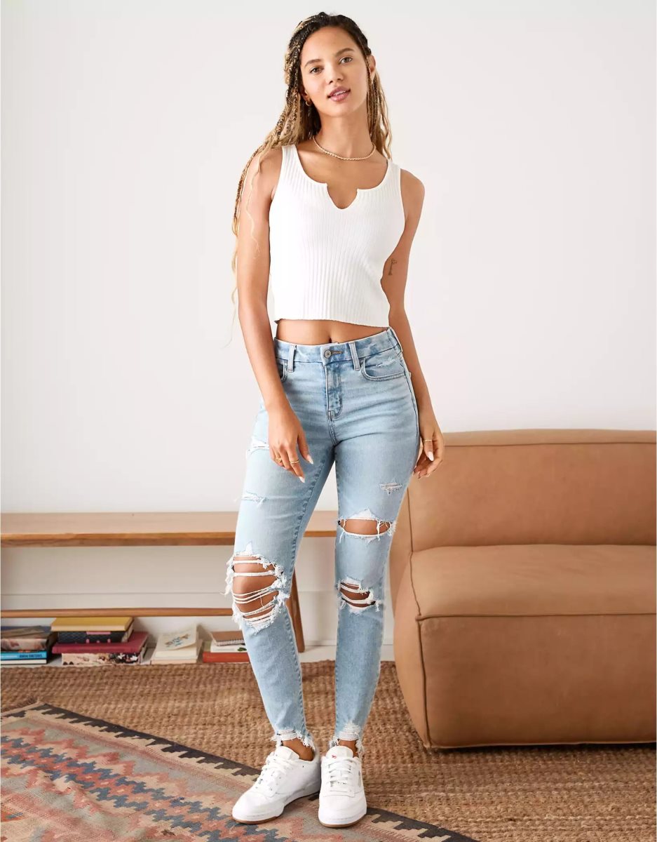 Jean American Eagle AE Ne(x)t Level Ripped Curvy High-Waisted Jegging Lavage Clair Femme | RIV-40325065